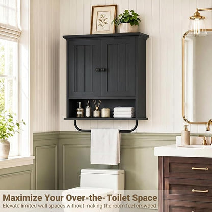 Besiost Farmhouse Bathroom Wall Medicine Cabinet with Removable Towel Bar | Over Toilet Storage Organizer, 7.9" Slim Profile, 100 Lbs Capacity, Adjustable Shelf, Soft Close Hinges Door, Black