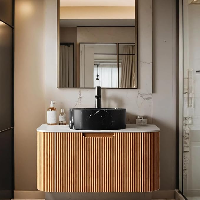 30" Floating Bathroom Vanity with Sink, Storage Vanities with Marble Countertop and Stone Pattern Ceramic Basin, Extra Large Storage Drawer, Soft-Close Design, Pre-Assembled, Nature Wood