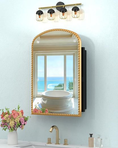 Bathroom Medicine Cabinet with Mirror, Wall Mount or Recessed Bathroom Mirror with Storage, Full-Metal 2 Adjustable Shelves and 1 Cabinet Organizer, Modern and Luxury Daisy Decor Bling Gold 20x28 Inch