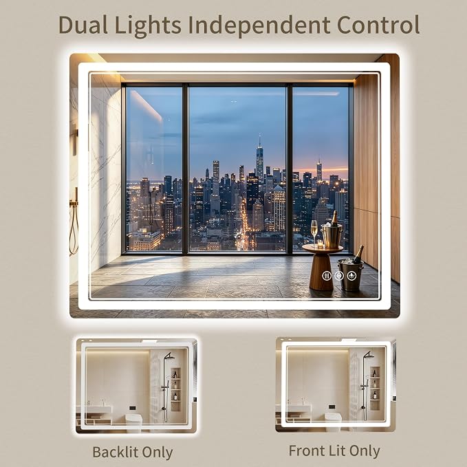36"x36" LED Bathroom Mirror with Lights, Backlit + Front Lit, Anti-Fog, Lighted Bathroom Mirror for Wall, HD Shatterproof Tempered Glass, Dimmable, Memory Function (Horizontal/Vertical)