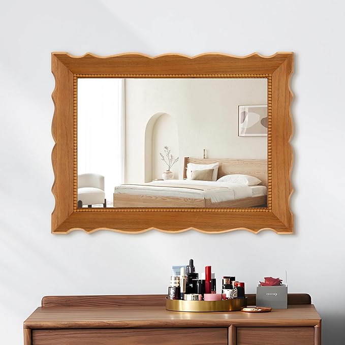 Besdomus Farmhouse Wooden Bathroom Mirror: 32" x 24" Light Brown Wood Mirror for Vanity/Entryway/Wall Decor - Ideal for Country Style Lovers