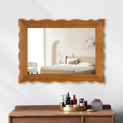 Besdomus Farmhouse Wooden Bathroom Mirror: 32" x 24" Light Brown Wood Mirror for Vanity/Entryway/Wall Decor - Ideal for Country Style Lovers