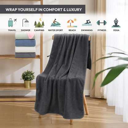 JML Bath Towels with Hanging Loop, 2 Pack, 27x55 in, Microfiber, Dark Gray | Soft, Super Absorbent, Quick Dry, Lint-Free & Fade-Resistant, Lightweight Bathroom Towel for Daily Use
