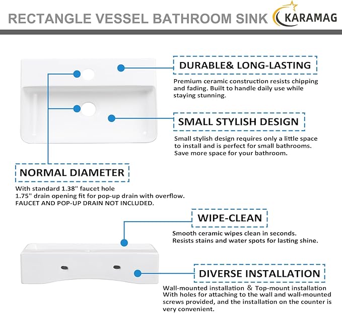 Small Vessel Sink 17.7"x11.2" Wall Mount Bathroom Sink Rectangular White Porcelain Ceramic Floating Tiny Bathroom Wall Mounted RV Sink
