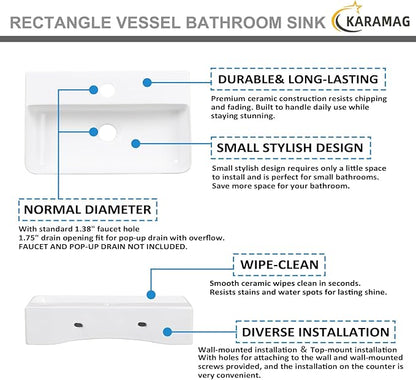 Small Vessel Sink 17.7"x11.2" Wall Mount Bathroom Sink Rectangular White Porcelain Ceramic Floating Tiny Bathroom Wall Mounted RV Sink