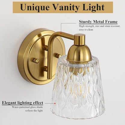 Mecgirn Stainless Steel Bathroom Vanity Light Over Mirror, 1 Light Brushed Gold Bathroom Light Fixtures with Textured Glass Shades, Modern Vanity Lighting Wall Mount