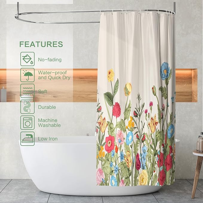 Vintage Floral Shower Curtain, Retro Wildflowers Shower Curtain 72x72 | Botanical Chic Flowers Shower Curtain for Bathroom with 12 Hooks, Waterproof Farmhouse Home Rustic Bathroom Decor