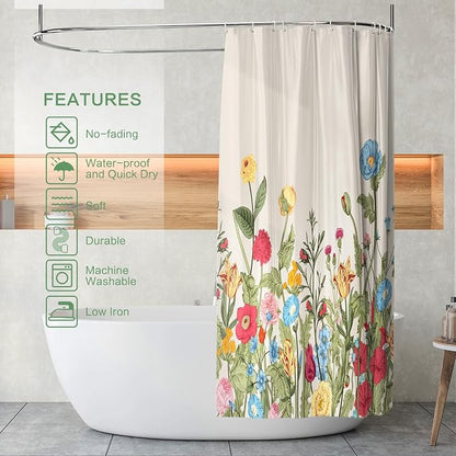 Vintage Floral Shower Curtain, Retro Wildflowers Shower Curtain 72x72 | Botanical Chic Flowers Shower Curtain for Bathroom with 12 Hooks, Waterproof Farmhouse Home Rustic Bathroom Decor