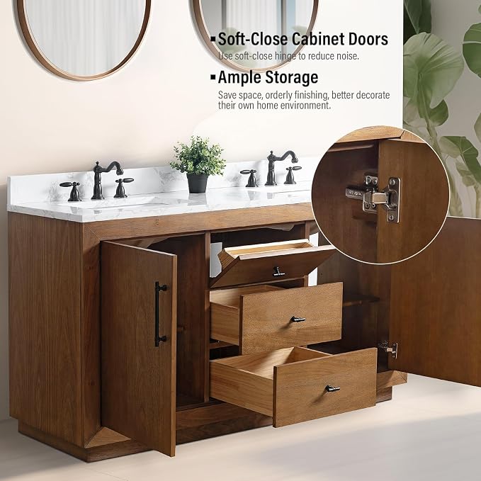 Vanity Art 60 inch Double Sink Bathroom Vanity, Vanity Cabinet with Doors and Shelf, Modern Wood Bathroom Vanity with White Marble Top, Solid Wood Frame, 3 Functioning Drawers, VA7060DE