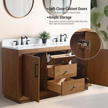 Vanity Art 60 inch Double Sink Bathroom Vanity, Vanity Cabinet with Doors and Shelf, Modern Wood Bathroom Vanity with White Marble Top, Solid Wood Frame, 3 Functioning Drawers, VA7060DE