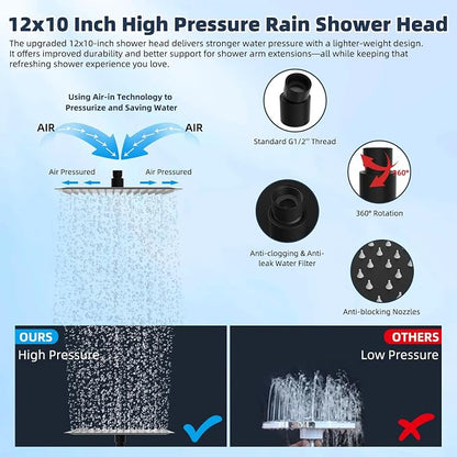 Hibbent All Metal 12'' Filtered Rainfall Shower Head Combo, High Pressure Handheld Shower Wand, 12'' Adjustable Extension Arm, 20 Stage Shower Filter, 71'' Hose, Shower Head Holders, Matte Black