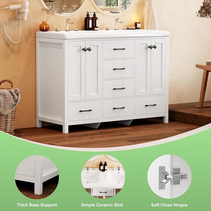 48" White Bathroom Vanity with Double Sink, 47.3" × 19.7" × 35.5" Bathroom Vanity Cabinet with 2 Doors & 6 Drawers, Modern Vanity Set with Ceramic Sinks