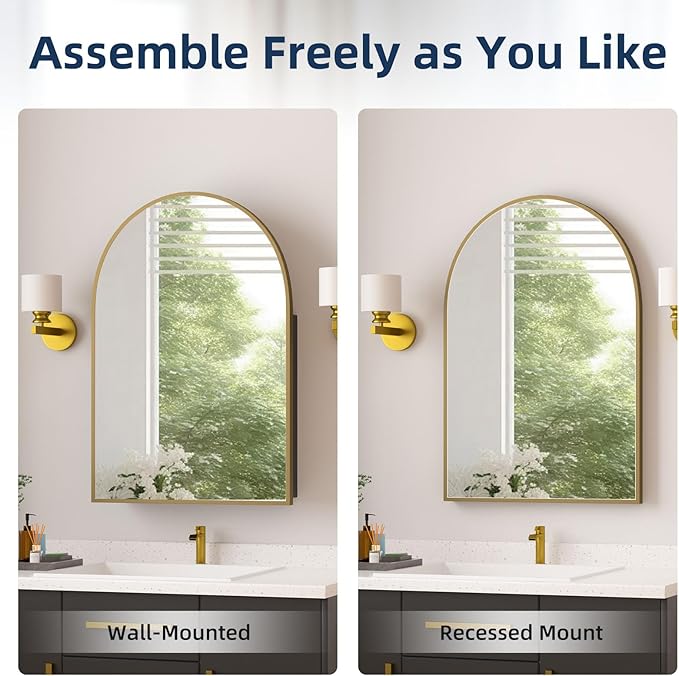 Medicine Cabinets for Bathroom, Gold Arched Medicine Cabinet Recessed or Surface Wall-Mounted,Modern Bathroom Vanity Mirror with Storage, Mirrored Cabinet with Adjustable Shelves,20x30 Inch
