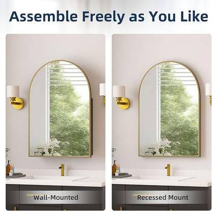 Medicine Cabinets for Bathroom, Gold Arched Medicine Cabinet Recessed or Surface Wall-Mounted,Modern Bathroom Vanity Mirror with Storage, Mirrored Cabinet with Adjustable Shelves,20x30 Inch