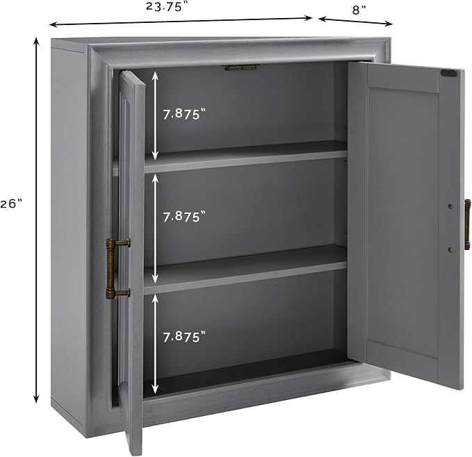 Crosley Furniture Tara Wall Mounted Bathroom Storage Medicine Cabinet with Shelves, Vintage Gray