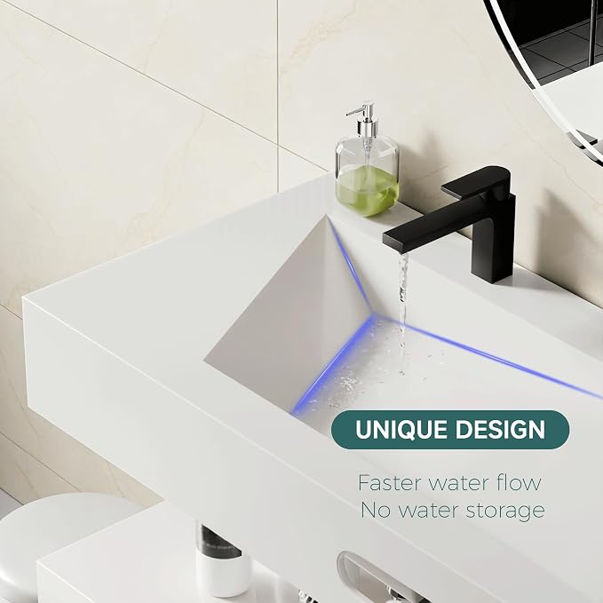 Wall-Mounted Resin Stone 36" Bathroom Sink, Seamless Integrated Vessel Sink with Sloped Design & Open Storage Shelf, Modern Floating Vanity for Bathrooms & Outdoor Spaces