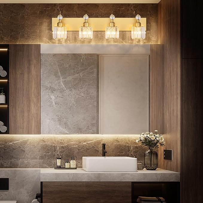 PRESDE Crystal 4 Bathroom Vanity Light Modern Gold Vanity Light Fixture Wall Lamp for Over Mirror Bedroom Hallway