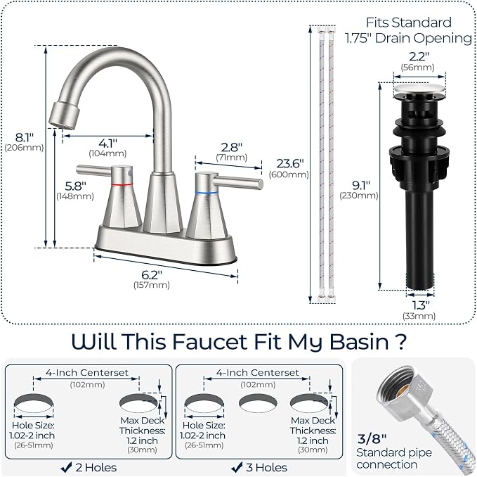 4-Inch Centerset Bathroom Sink Faucet 2-Handle, Brushed Nickel | Lead-free stainless steel, pop-up drain included, Detachable faucet aerator, 360°swivel spout, for vanity sink 3-hole mount