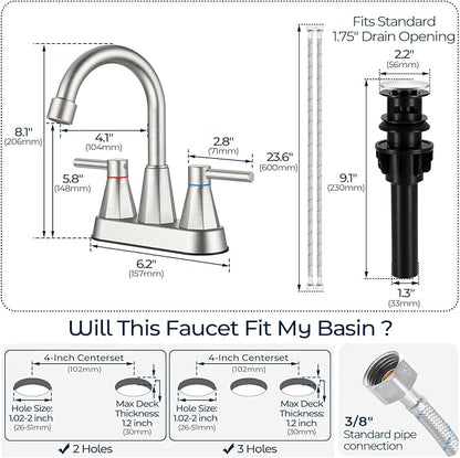 4-Inch Centerset Bathroom Sink Faucet 2-Handle, Brushed Nickel | Lead-free stainless steel, pop-up drain included, Detachable faucet aerator, 360°swivel spout, for vanity sink 3-hole mount
