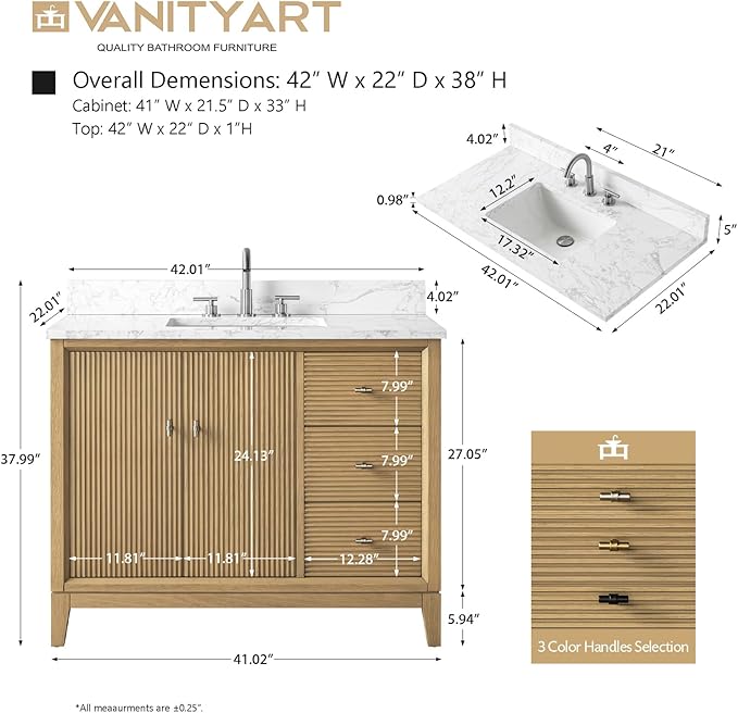 Vanity Art 42" Bathroom Vanity with Single Sink & Arabescato White Engineered Stone Top, Vanity Cabinet with Soft Closing Door, Solid Wood Frame, Golden Brushed Handles, Natural Oak VA8142-NO-GB