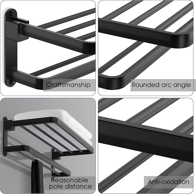 BOZWELL Bathroom Lavatory Towel Rack with Two Towel Bars,20-Inch Towel Holder with Shelf BZ105-A (Matte Black)
