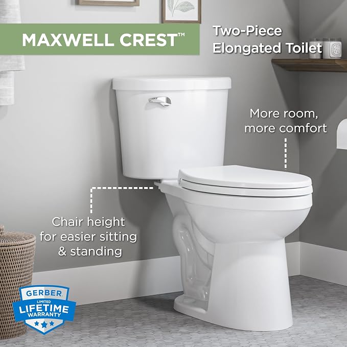 Gerber Maxwell Crest Elongated Two-Piece Toilet, Soft-Close Seat, White | Efficient flush clears the bowl with ease | Tool-free install kit with wax ring included | Glazed trapway prevents clogs