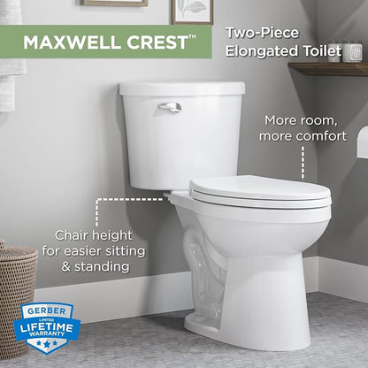 Gerber Maxwell Crest Elongated Two-Piece Toilet, Soft-Close Seat, White | Efficient flush clears the bowl with ease | Tool-free install kit with wax ring included | Glazed trapway prevents clogs