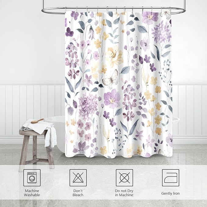 Long Shower Curtain 72 x 78 Inch, Tall Purple Yellow Floral Shower Curtains for Bathroom, Watercolor Flower Butterfly Fabric Shower Curtain Set with Hooks, Lavender Purple