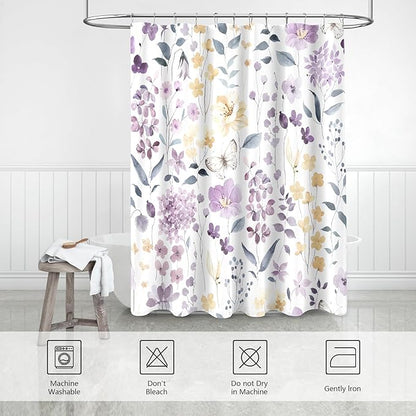 Small Stall Shower Curtain 36 x 72 Inch, Half Narrow Floral Shower Curtain for Bathroom, Watercolor Flower Butterfly Fabric Shower Curtain Set with Hooks, Lavender Purple