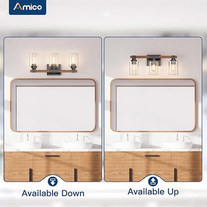 Amico 3-Light Farmhouse Vanity Light Fixture, Rustic Wood Bathroom Light Fixtures, Industrial Vintage Black Wall Sconces Lights with Bubble Glass Shade for Mirror, Bedroom, Living Room, Hallway