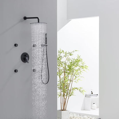 Iriber Mattle Black Round Rain Shower System with 4 PCS Body Jets 3 Function Shower Faucet Set Contain 12 Inch Shower Head and Handheld Wall Mounted Pressure Balance Shower Trim Kit (Valve Included)