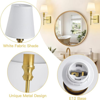 Hardwired Gold Wall Sconces Set of Two, Rustic Bathroom Vanity Lights with White Fabric Shades, Vintage Light Fixtures Convertible Height Wall Light for Living Room Bedroom,Farmhouse,E12 Base