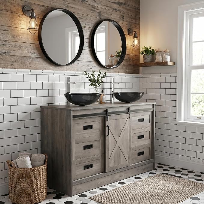 48 inch Barn Door Bathroom Vanity with 6 Drawers, Farmhouse Style Standing Pedestal Cabinet with Two Bluish Gray Glass Vessel Sinks