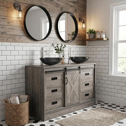 48 inch Barn Door Bathroom Vanity with 6 Drawers, Farmhouse Style Standing Pedestal Cabinet with Two Bluish Gray Glass Vessel Sinks