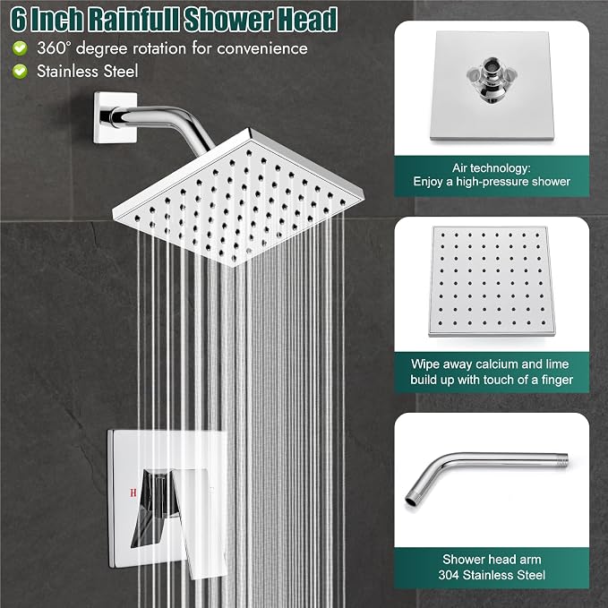 Heyalan 6-Inch Shower Faucet Set with Tub Spout and Valve,Polished Chrome | 6-inch square rainfall head, tub spout with diverter, male-thread rough-in valve, single-handle control and wall-mount design