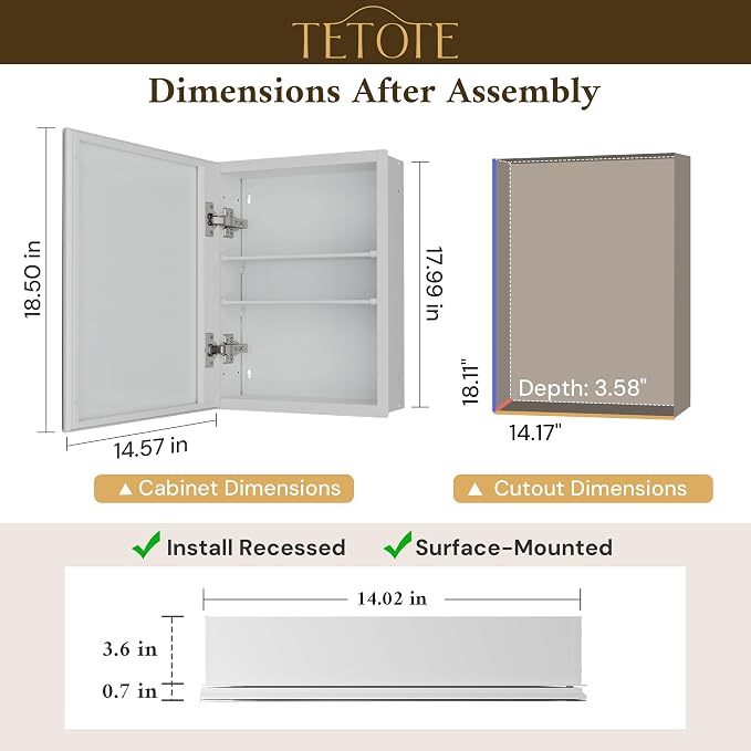 TETOTE 14 x 18 Medicine Cabinet with Tempered Beveled Mirror White Aluminum Cabinet DTC Hinges, 2 Stepless Adjustable Shelves, Recessed/Surface-Mounted