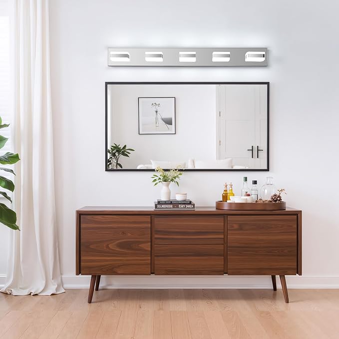 Bathroom Lighting Fixtures Over Mirror, 5 Light Silver Vanity Light | Cool White, 5000K, Modern Vanity Wall Lights for Bath, Dressing Room, Restroom, 37.4 inch