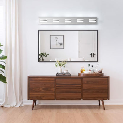 Bathroom Lighting Fixtures Over Mirror, 5 Light Silver Vanity Light | Cool White, 5000K, Modern Vanity Wall Lights for Bath, Dressing Room, Restroom, 37.4 inch