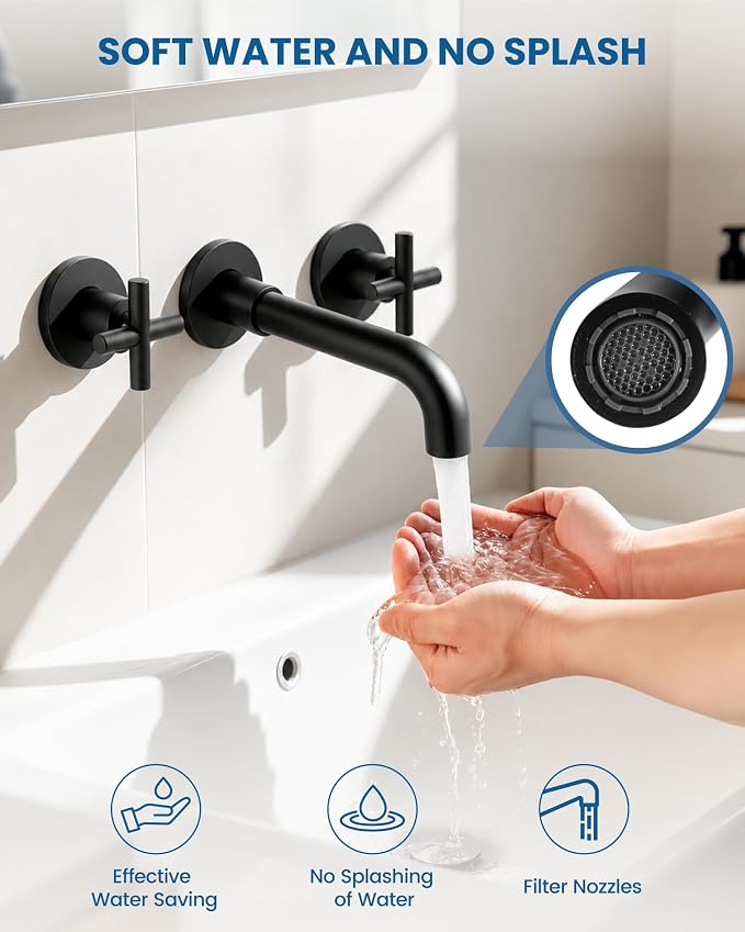 Airuida Solid Brass Matte Black Wall Mount Bathroom Faucet | 360° Swivel Spout,Rough in Valve,2 Cross Handle,3 Hole,Widespread