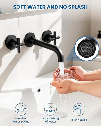Airuida Solid Brass Matte Black Wall Mount Bathroom Faucet | 360° Swivel Spout,Rough in Valve,2 Cross Handle,3 Hole,Widespread
