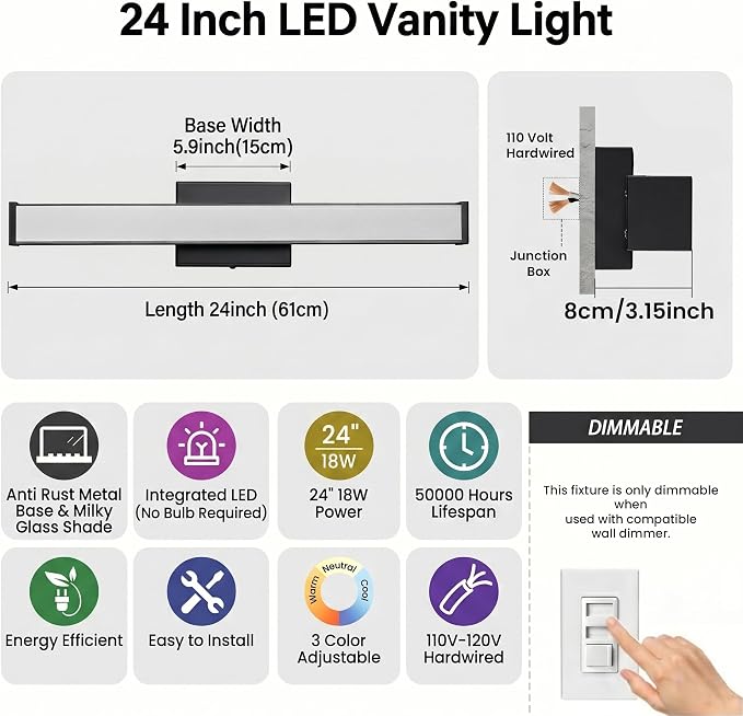 URSOLA 24" Modern LED Bathroom Light Fixtures, Matte Black 3CCT Dimmable Bathroom Vanity Light Over Mirror, Bathroom Vanity Bath Bar Lights with Double Layer Acrylic Shade