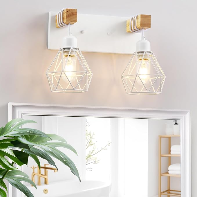 maesta 2 Light Bathroom Vanity Light, Farmhouse White Fixture Over Mirror | Farmhouse Bathroom Light Fixtures, Wood & Metal, Anti-Rust Easy to Install for Rustic Bathroom Hallway