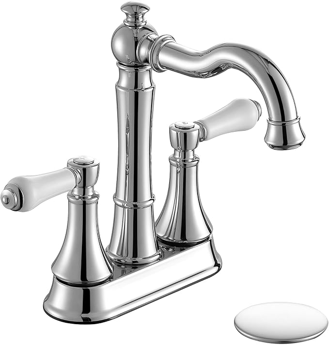 Porcelain 2-Handle Polished Chrome Bathroom Faucet 4" Centerset | with Plastic Pop-up Drain, Classical 4" Bath Lavatory Vanity Faucets for 2/3 Hole Sinks, High Arc 360° Swivel Brass Spout