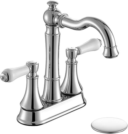 Porcelain 2-Handle Polished Chrome Bathroom Faucet 4" Centerset | with Plastic Pop-up Drain, Classical 4" Bath Lavatory Vanity Faucets for 2/3 Hole Sinks, High Arc 360° Swivel Brass Spout