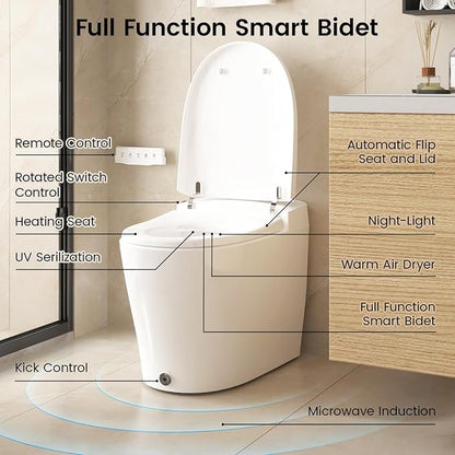 DA80 Smart Toilet with Bidet, One Piece Bidet Toilet with Water Tank & Pump, Elongated Heated Seat, 1.06 GPF Auto Flush, Warm Water, Remote Control, Foot Kick Blackout Flush Deodorization