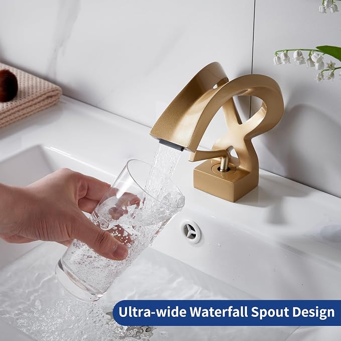 Bathroom Sink Faucet Waterfall Champagne Gold Creative Hollowed Body | One Hole Single Handle Elegant Antique Design Faucet Vanity Basin Deck Mount Lavatory Brass