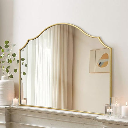Besdomus Gold Scalloped Dresser Mirror: 35"x26" Wooden Bathroom Mirror | Modern Minimalist Decorative Arched Wall Mirror for Vanity/Mantel/Bedroom/Entryway/Fireplace/Nightstand/Dining Room/Over Sink