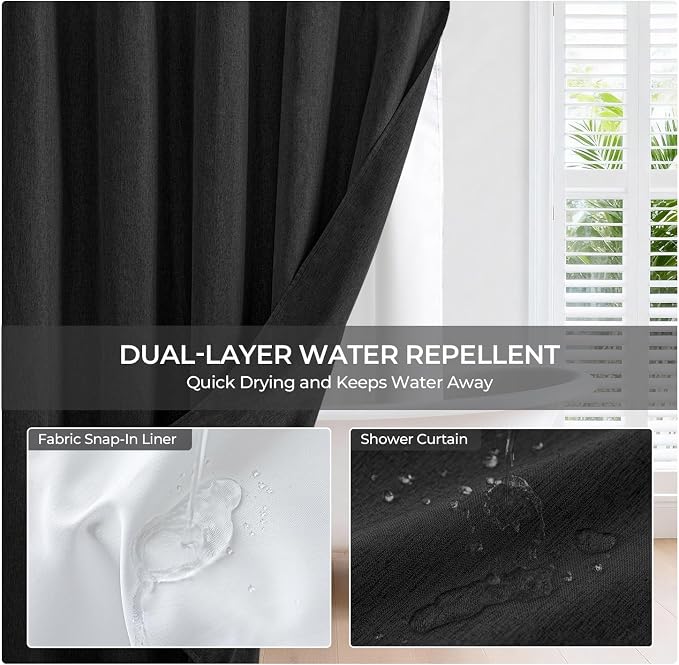 River Dream Linen Textured No Hooks Shower Curtain with Liner,Black,71x74 | with Snap-in Liner,Heavy Duty Fabric,Quick Dry,Bottom Magnets,Water-Repellent,Washable,Farmhouse Bathroom Set