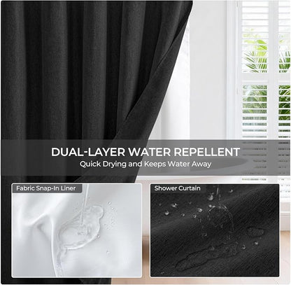 River Dream Linen Textured No Hooks Shower Curtain with Liner,Black,71x74 | with Snap-in Liner,Heavy Duty Fabric,Quick Dry,Bottom Magnets,Water-Repellent,Washable,Farmhouse Bathroom Set