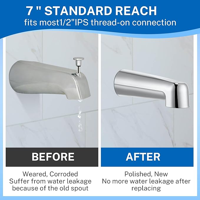 Dreyoo 7 Inch Bathroom Tub Spout Compatible with Westbrass E531D-1F-62, Fits Wall Front Mount Tub Spout Without Shower Diverter 1/2'' IPS Inside Thread Bathtub Faucet (Chrome)